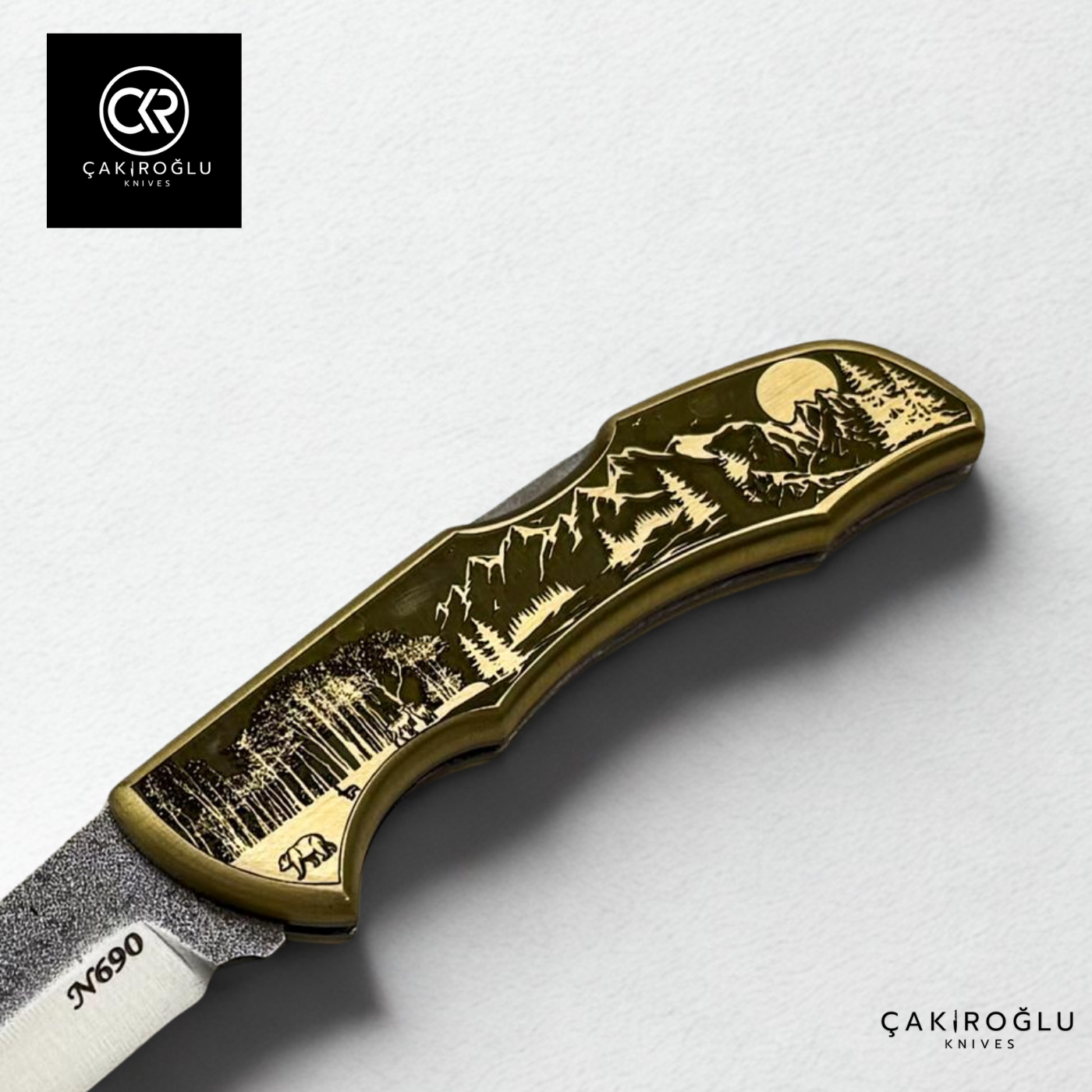 Showy Limited Edition Medium Size Handcrafted Custom-made Folding Collectible Knife - N690 Böhler Steel & Engraved Brass Handle