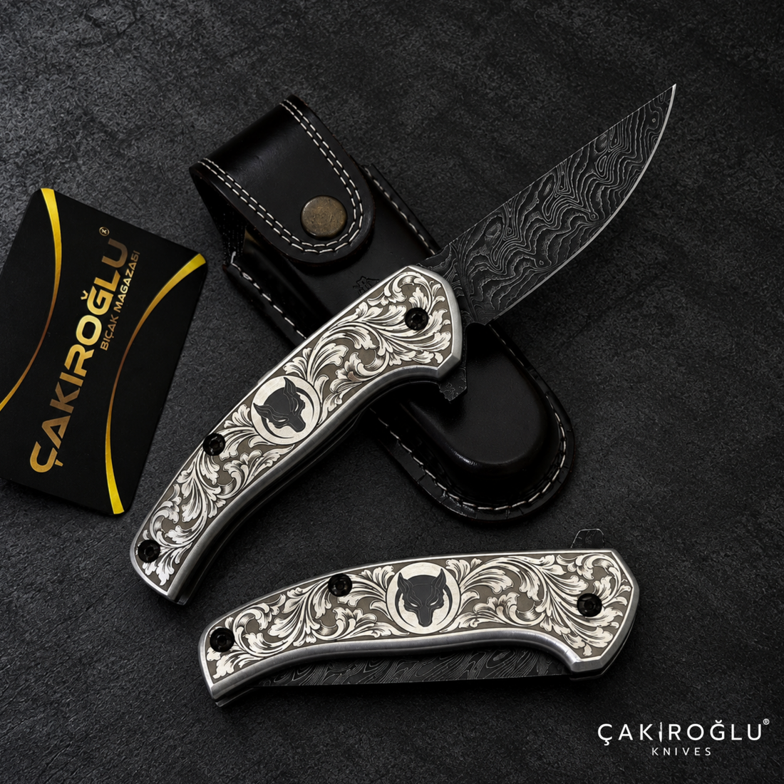 Çakıroğlu Smoky A2 - Damascus Folding Knife & Engraved Aluminum Handle