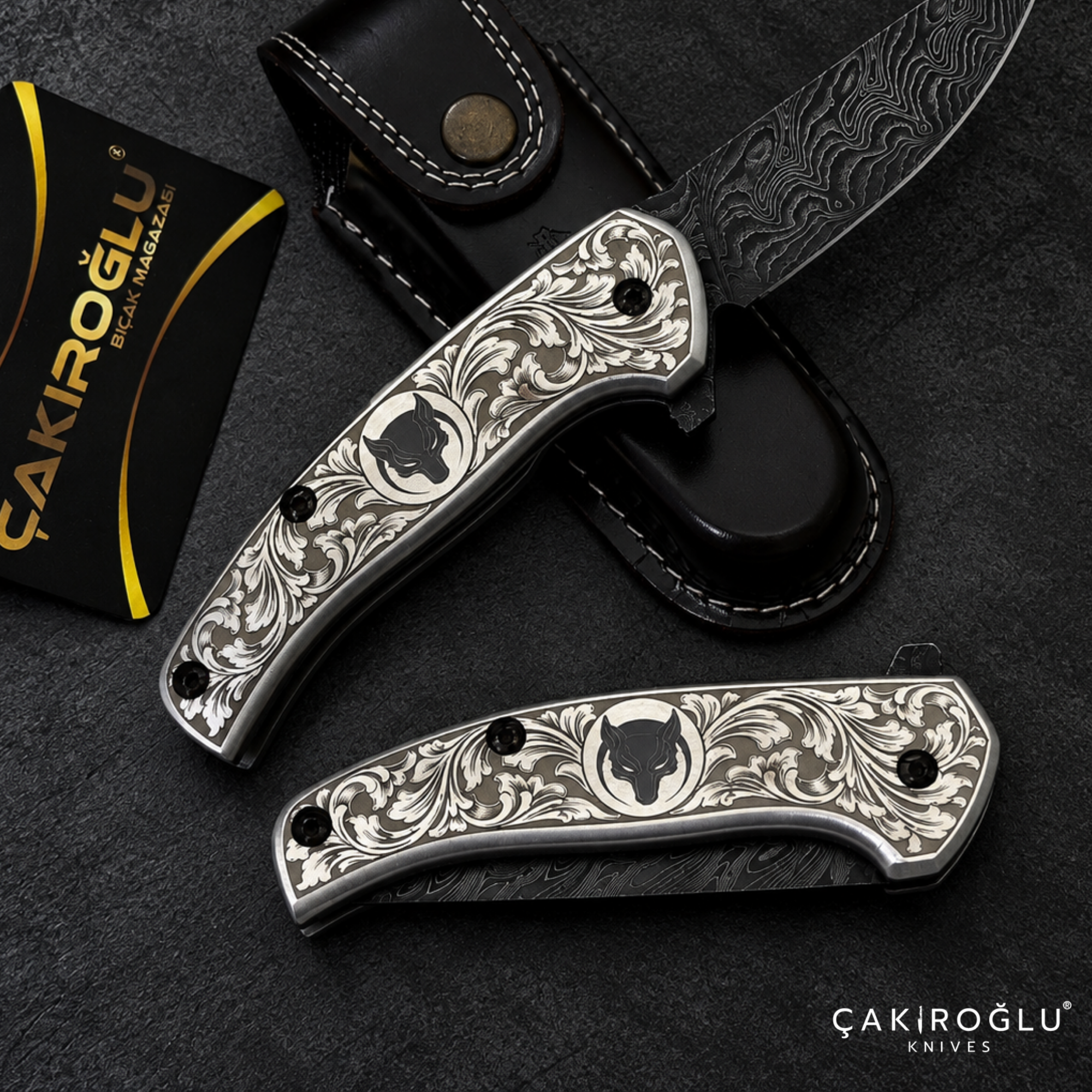 Çakıroğlu Smoky A2 - Damascus Folding Knife & Engraved Aluminum Handle