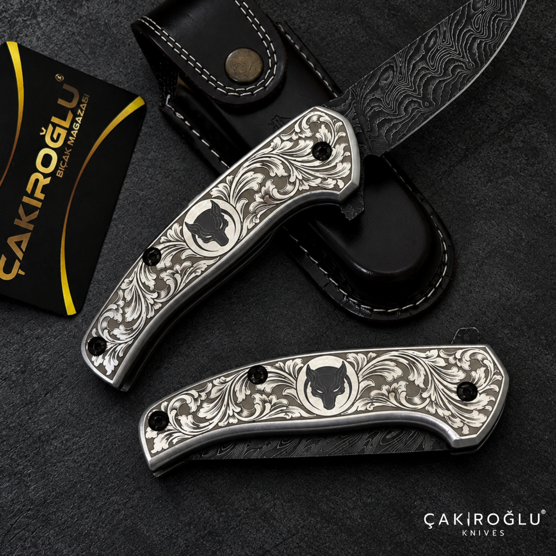 Çakıroğlu Smoky A2 - Damascus Folding Knife & Engraved Aluminum Handle
