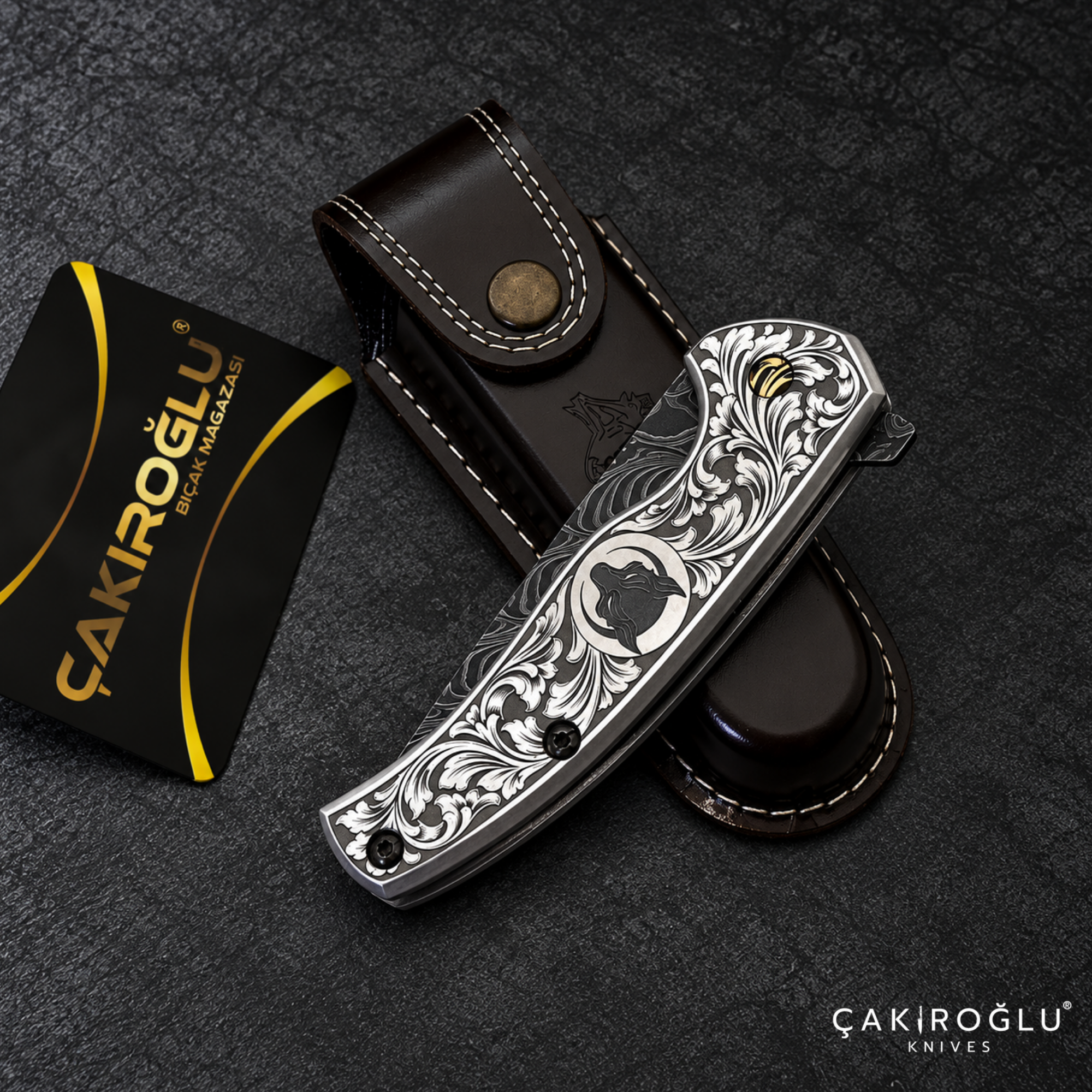 Çakıroğlu Smoky A2 - Damascus Folding Knife & Engraved Aluminum Handle