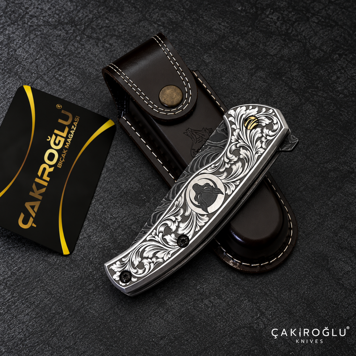 Çakıroğlu Smoky A2 - Damascus Folding Knife & Engraved Aluminum Handle