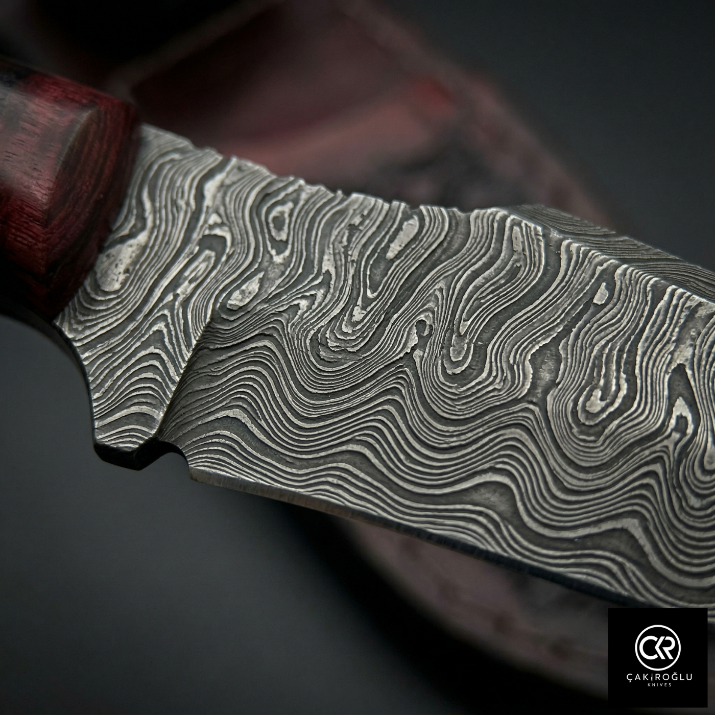 Çakıroğlu Handmade Custom-made Damascus Steel & Stabilized Tulipwood Handle Tanto Model Hunting Knife