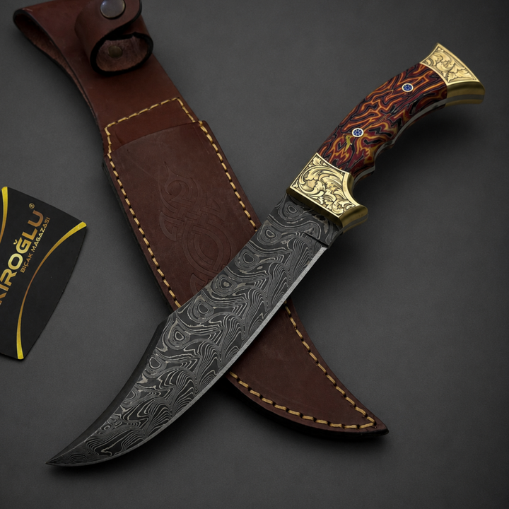 Handmade Damascus Bowie Hunting Knife, Leather Sheath, Cigarta Handle, Brass Apron