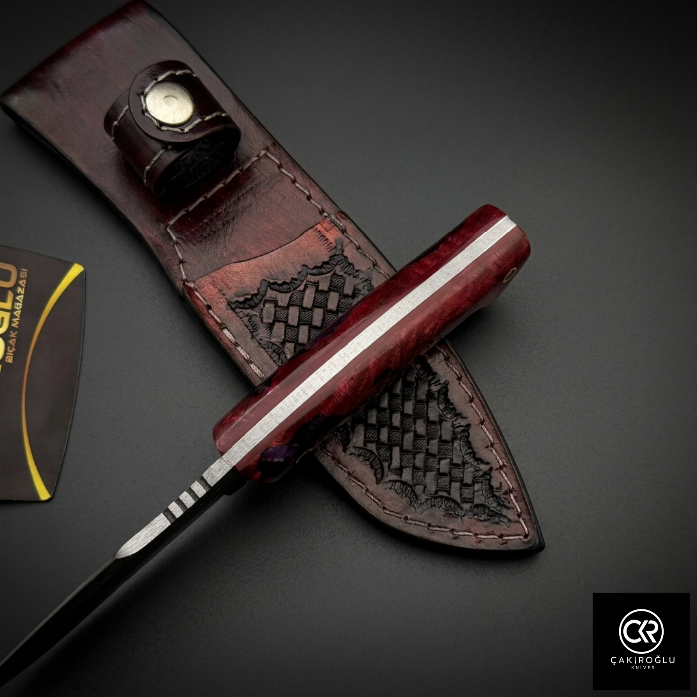 Çakıroğlu Handmade Custom-made Damascus Steel & Stabilized Tulipwood Handle Tanto Model Hunting Knife