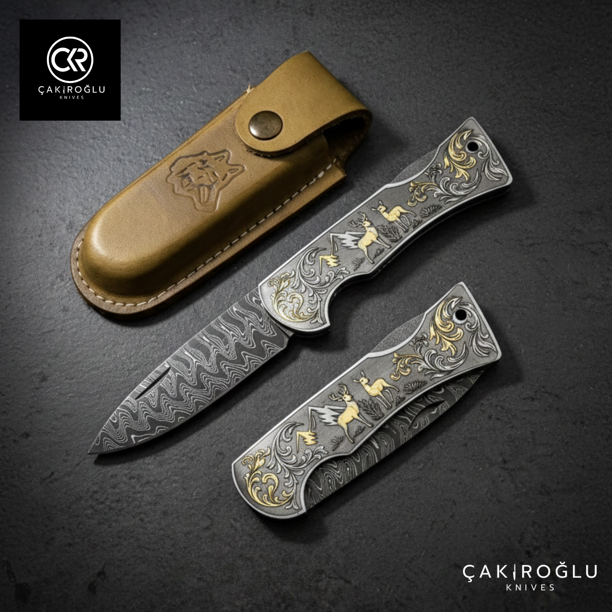 Corvus series Damascus - Limited Edition Collector's Folding Knife with 14K gold engraving details on a stainless steel case