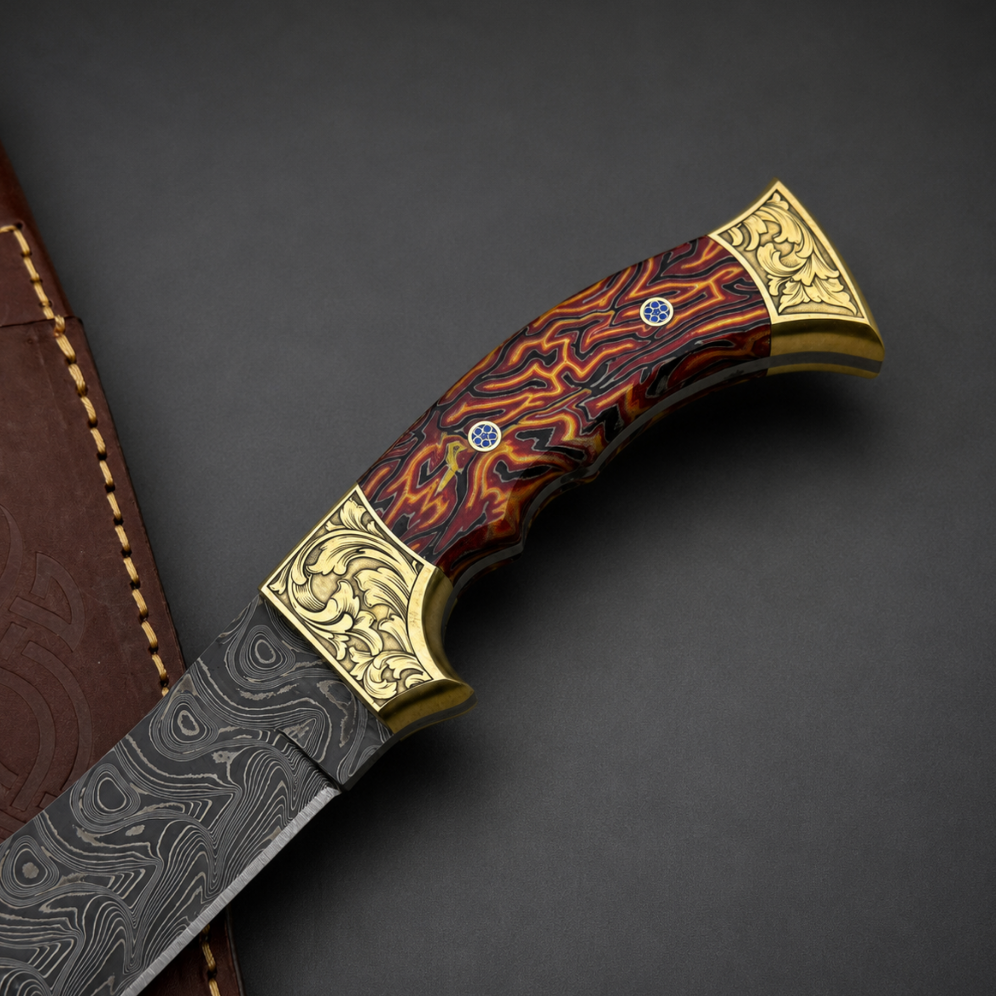 Handmade Damascus Bowie Hunting Knife, Leather Sheath, Cigarta Handle, Brass Apron