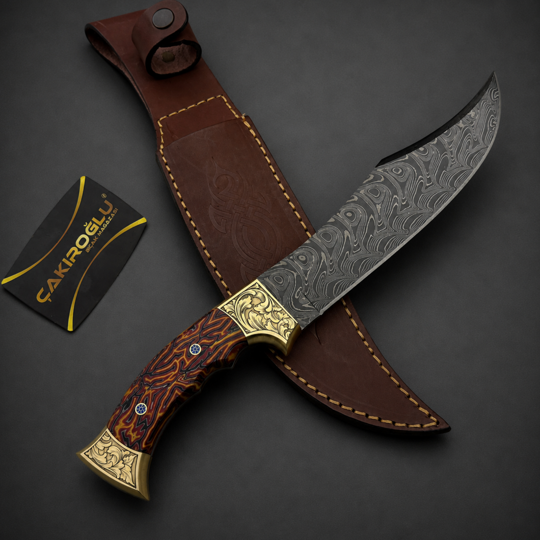 Handmade Damascus Bowie Hunting Knife, Leather Sheath, Cigarta Handle, Brass Apron