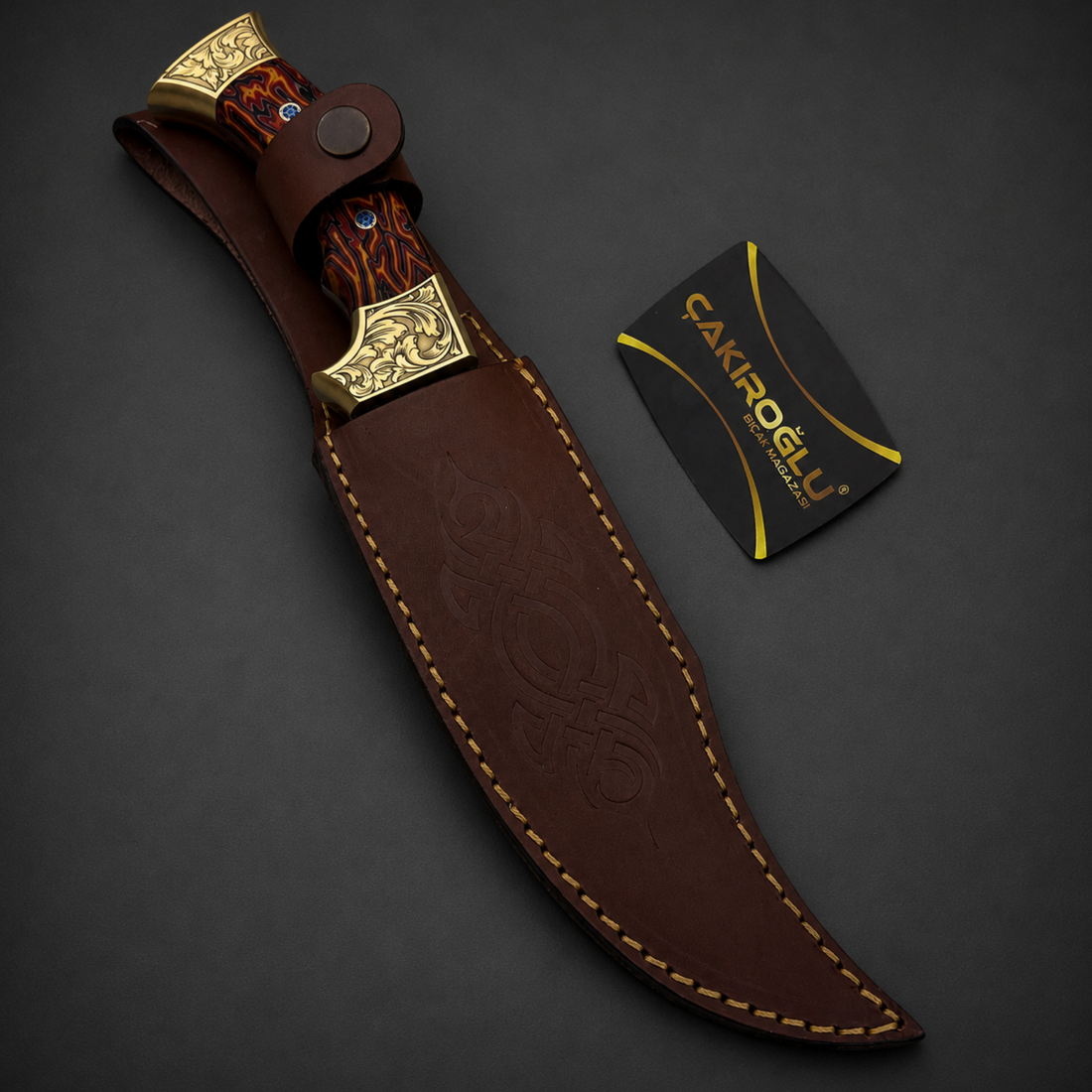 Handmade Damascus Bowie Hunting Knife, Leather Sheath, Cigarta Handle, Brass Apron