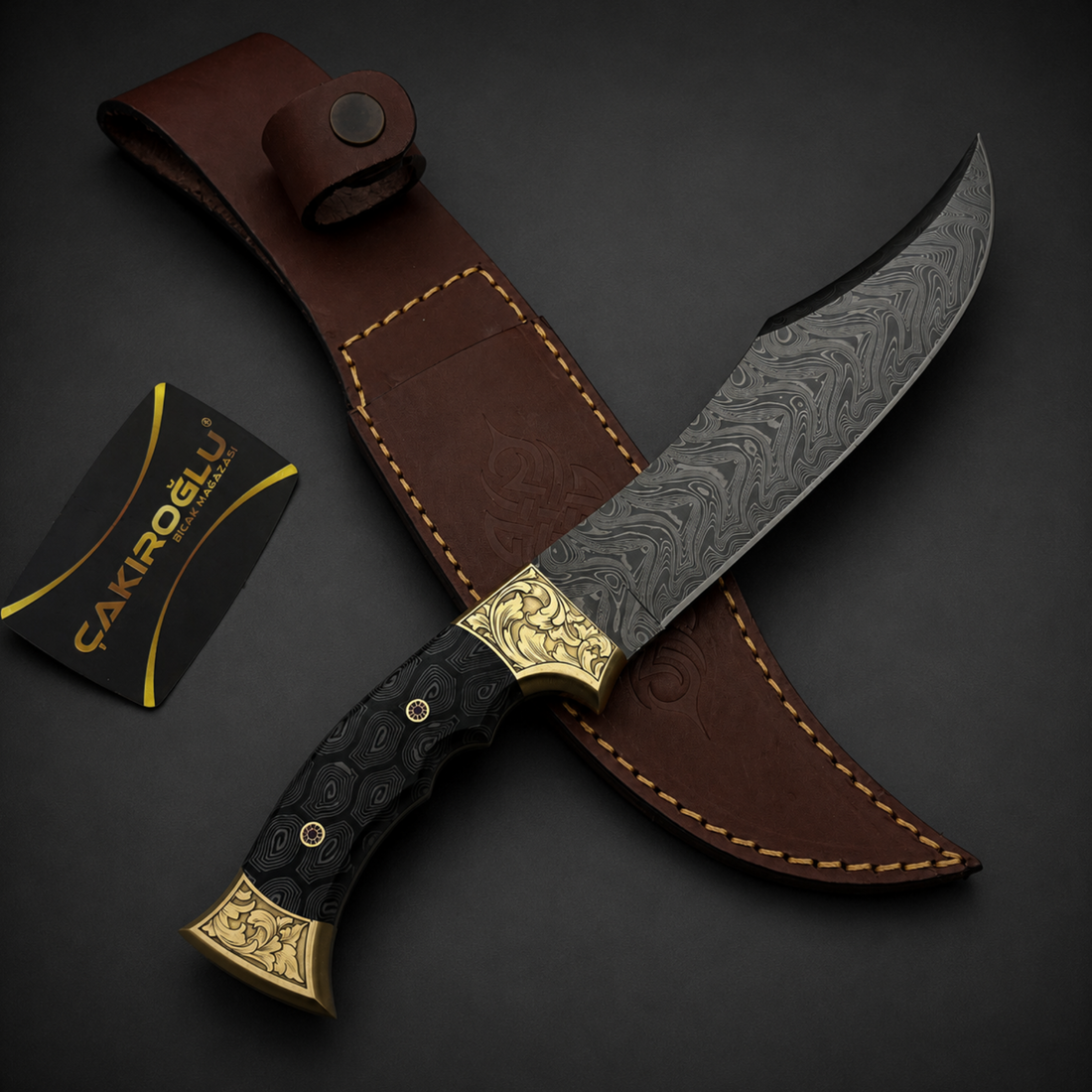 Handmade Damascus Bowie Hunting Knife, Leather Sheath, Cigarta Handle, Brass Apron