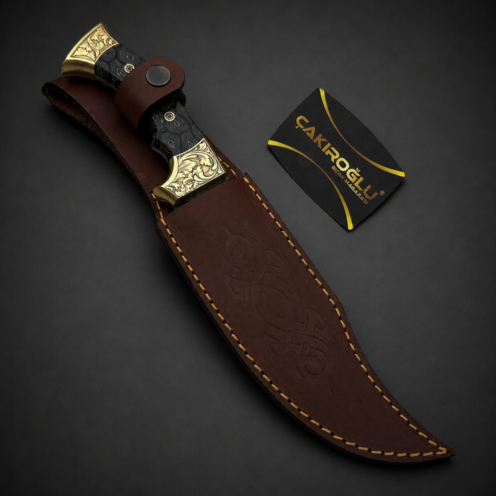Handmade Damascus Bowie Hunting Knife, Leather Sheath, Cigarta Handle, Brass Apron
