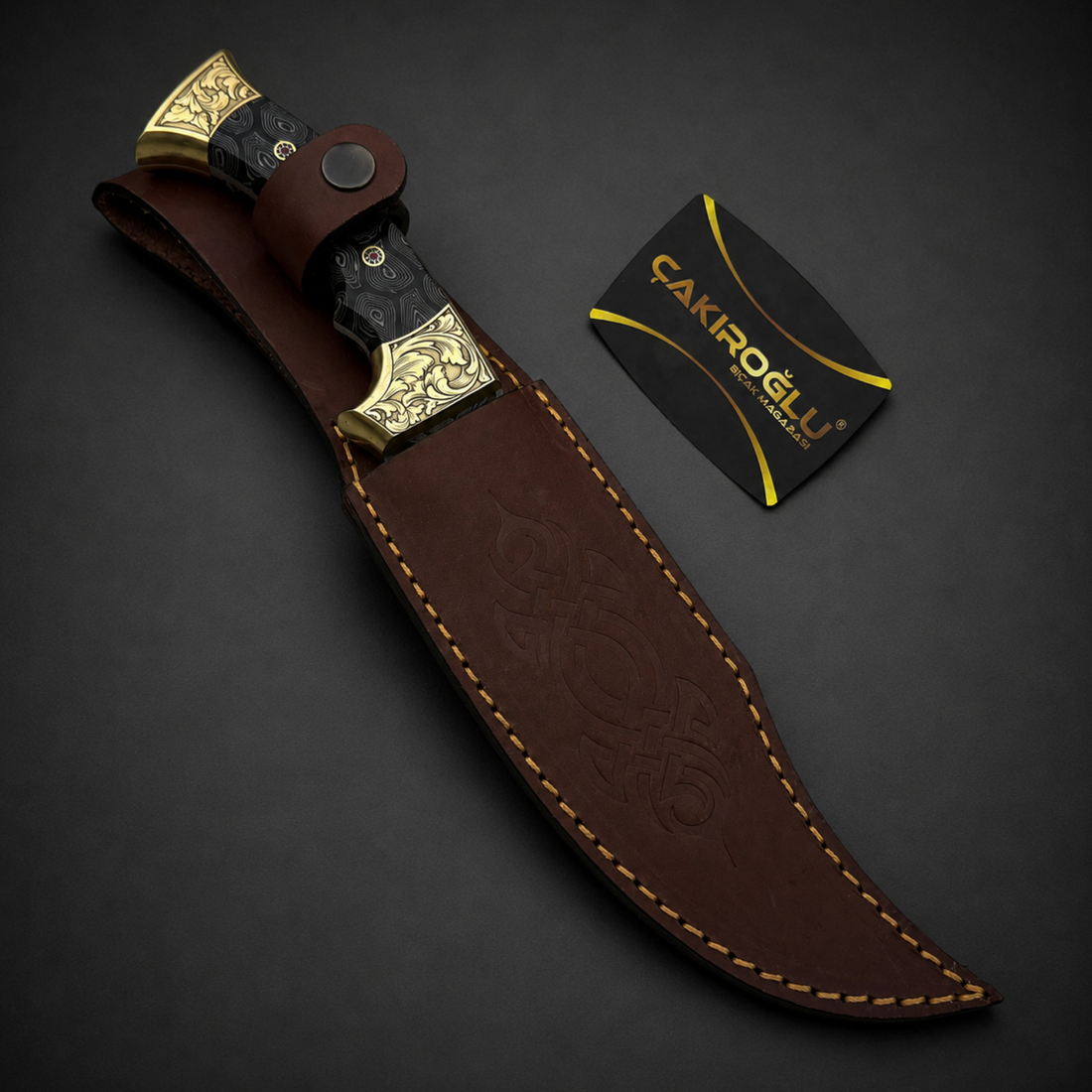 Handmade Damascus Bowie Hunting Knife, Leather Sheath, Cigarta Handle, Brass Apron