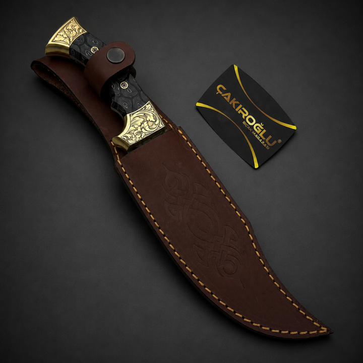 Handmade Damascus Bowie Hunting Knife, Leather Sheath, Cigarta Handle, Brass Apron