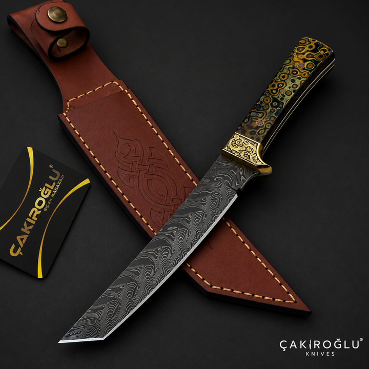 Handmade Custom Damascus Tanto Hunting Knife: Micarta Handle, Leather Sheath