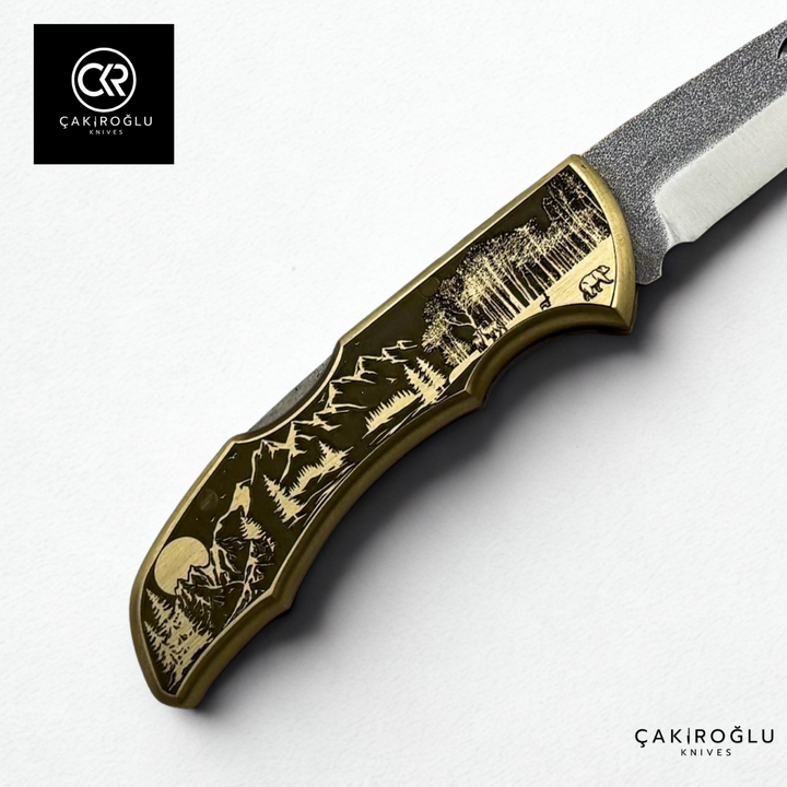 Showy Limited Edition Medium Size Handcrafted Custom-made Folding Collectible Knife - N690 Böhler Steel & Engraved Brass Handle