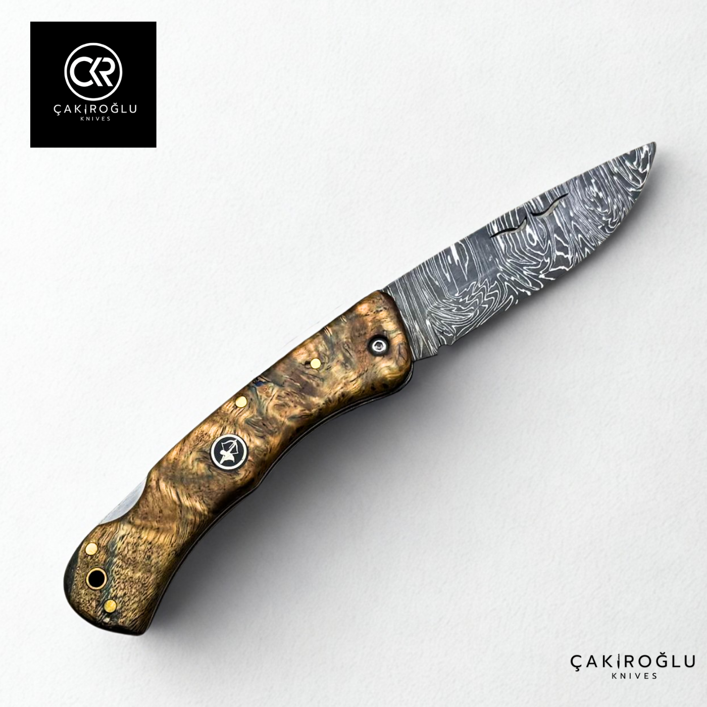 Handcrafted Custom Folding Knife - Damascus Steel & Stabilized Wood Handle