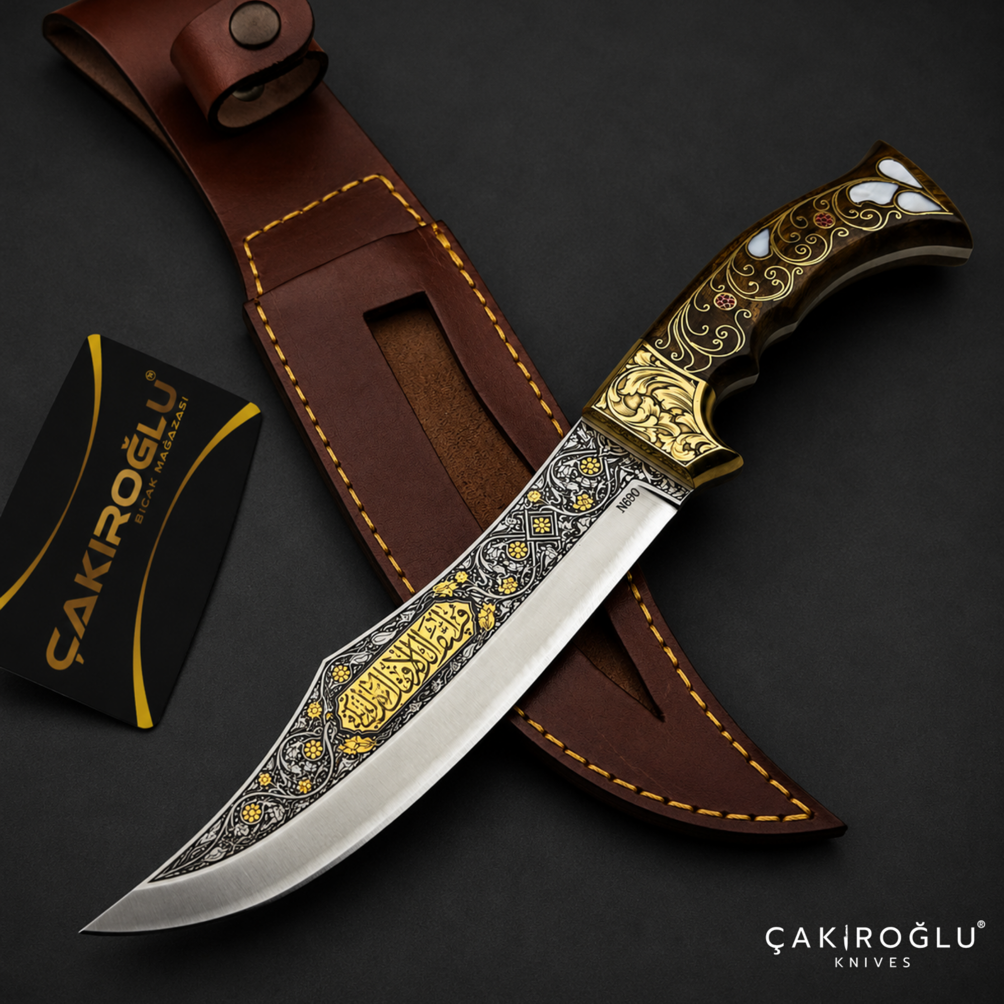 Handmade N690 Bowie Knife, 24K Gold Inlay, Walnut Handle, Custom Hunting Knife, Collectible Gift