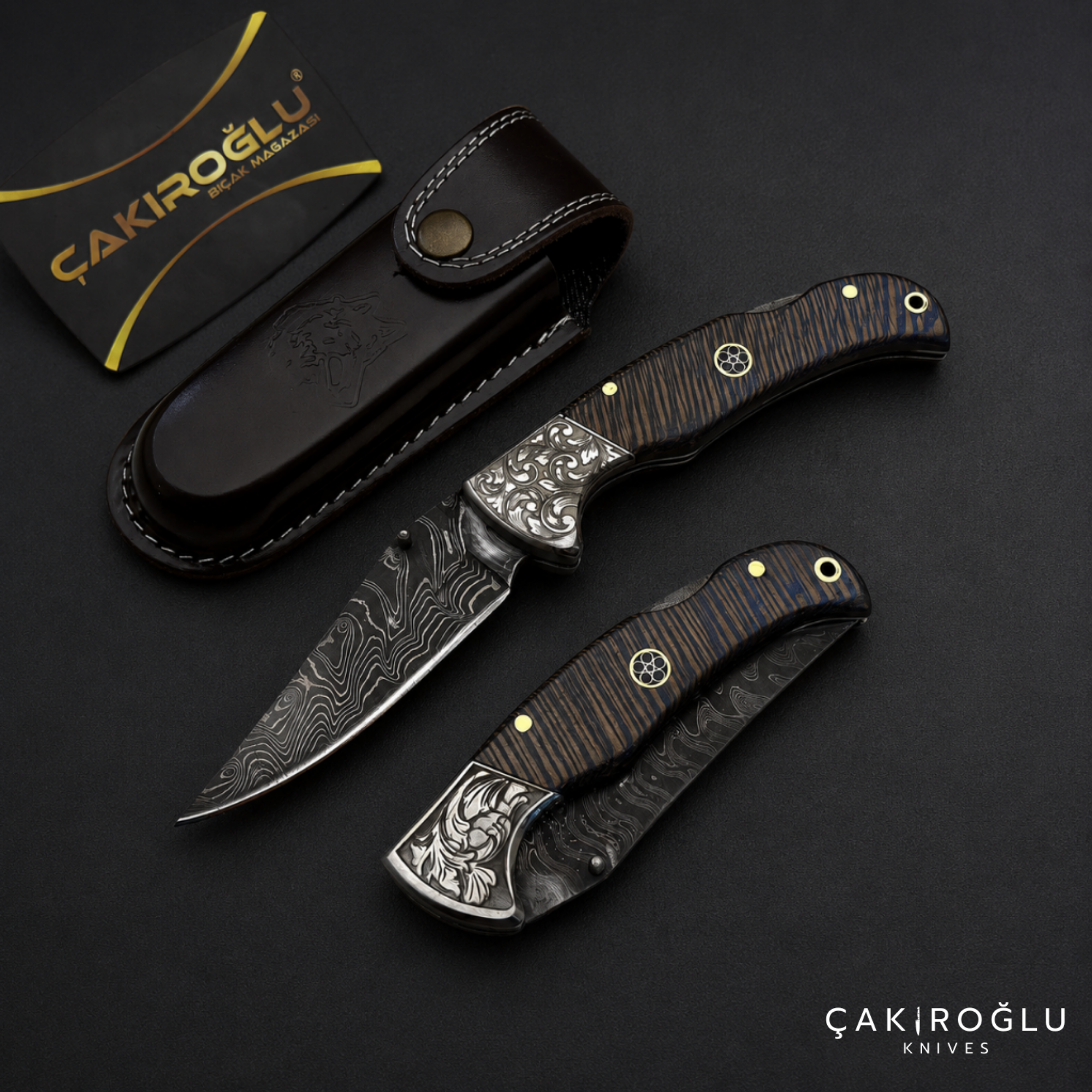Handmade Damascus Custom Folding Pocket Knife with Sheath