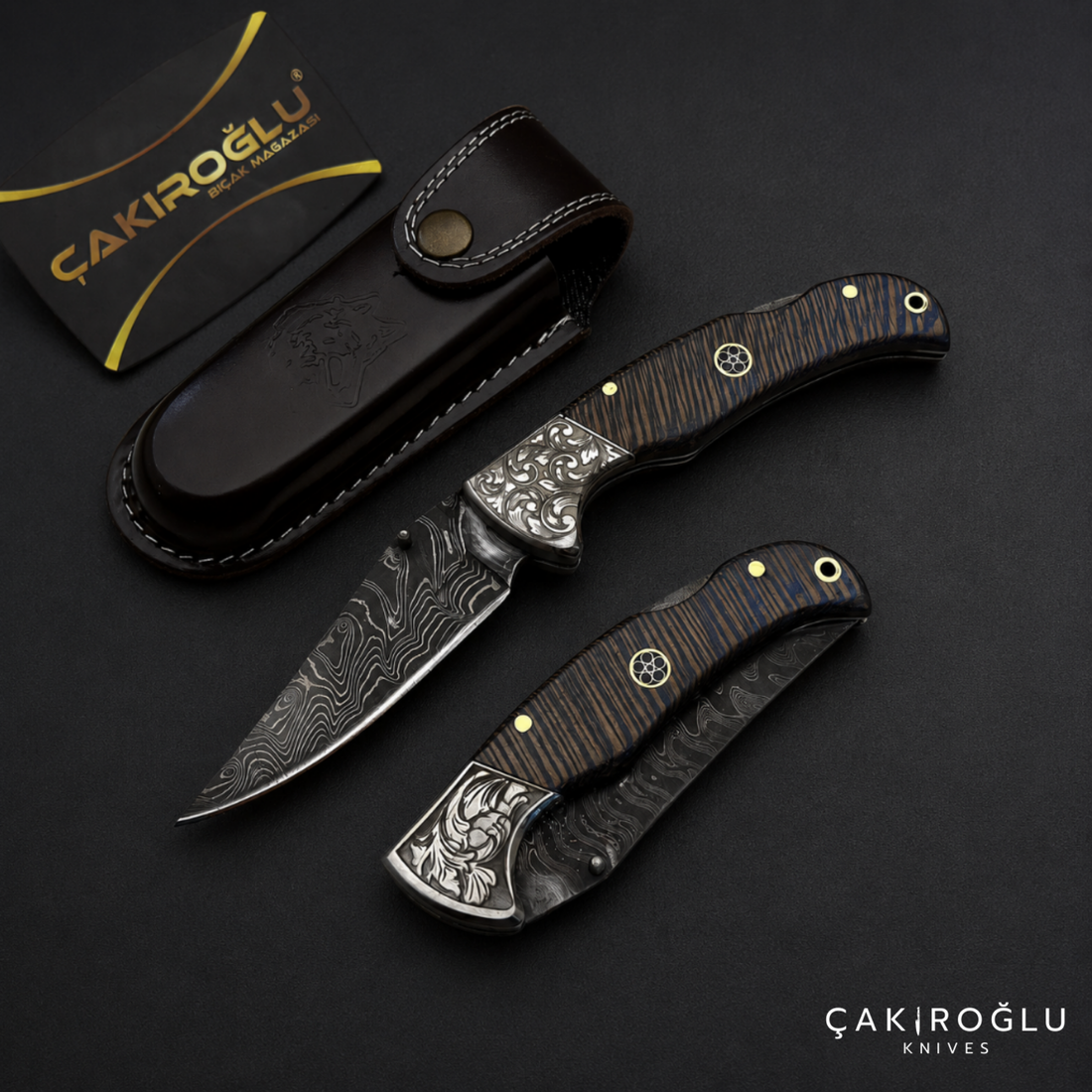 Handmade Damascus Custom Folding Pocket Knife with Sheath