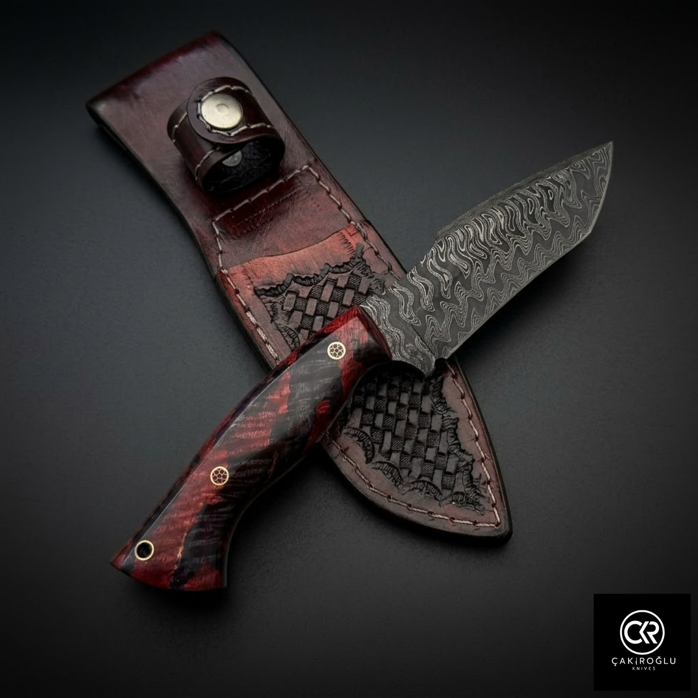 Çakıroğlu Handmade Custom-made Damascus Steel & Stabilized Tulipwood Handle Tanto Model Hunting Knife