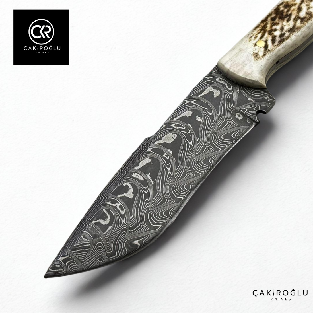 Handcrafted Custom-made Damascus Steel & Deer Antler Handle Hunting Knife