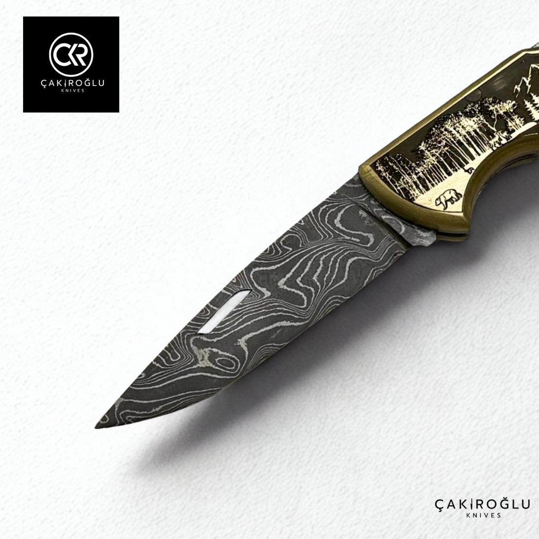 Showy Limited Edition Small Size Handcrafted Custom-made Folding Collectible Knife - Damascus Steel & Engraved Brass Handle