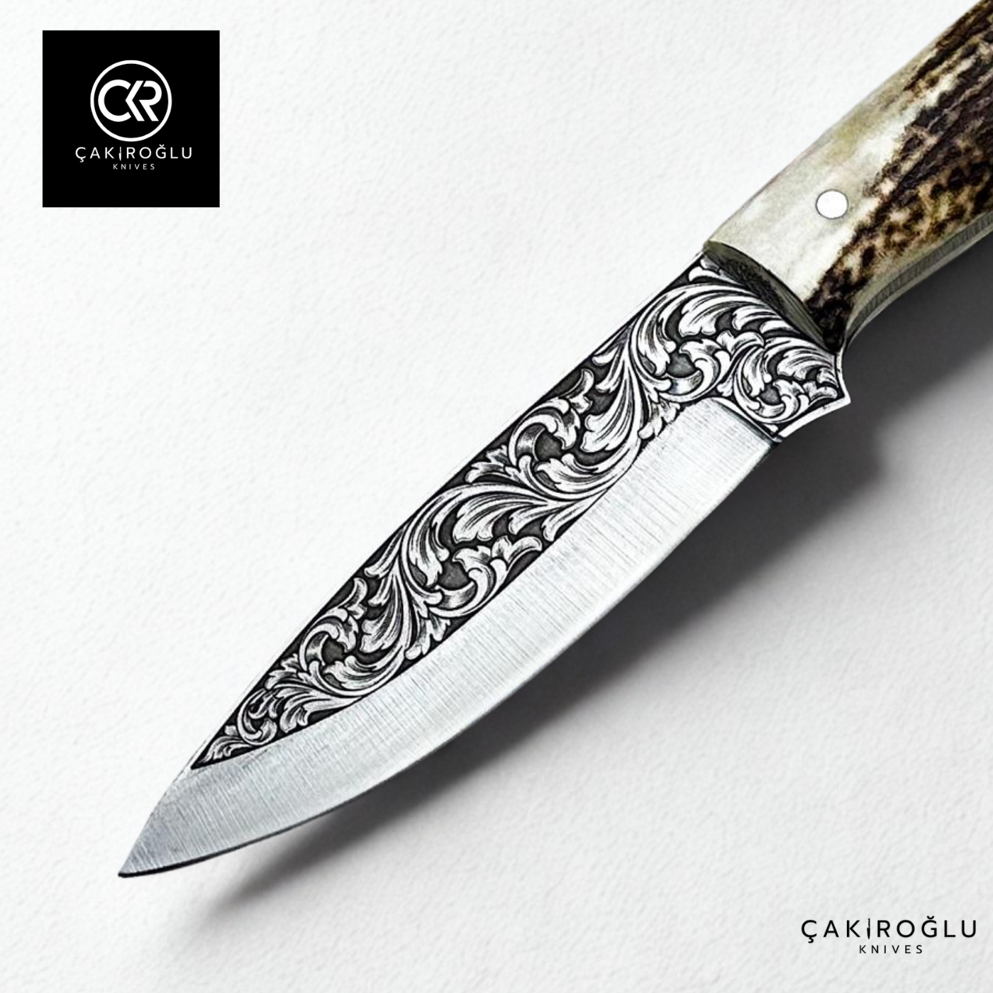 Handcrafted Custom Engraved Hunting Knife & Genuine Deer Antler Handle