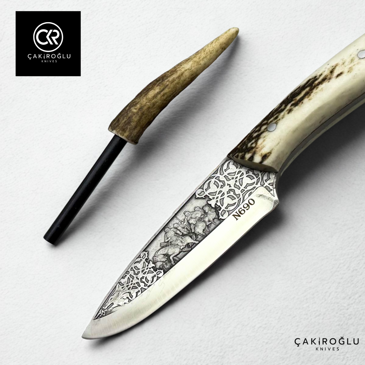 Handcrafted Custom Engraved Hunting Knife & Special Deer Antler and Magnesium Bar