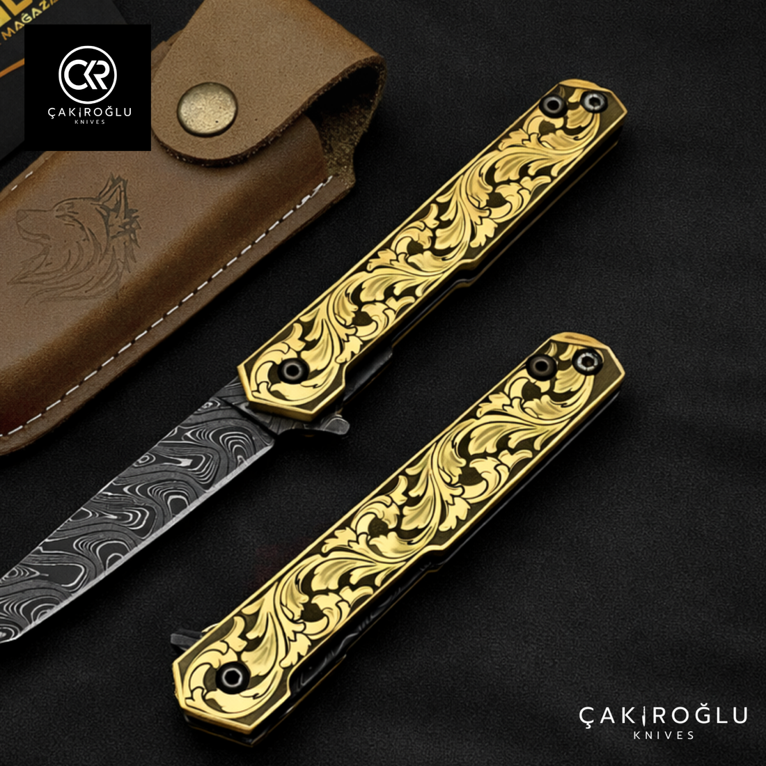Handmade Damascus Pocket Folding Knife, Engraved Brass Handle