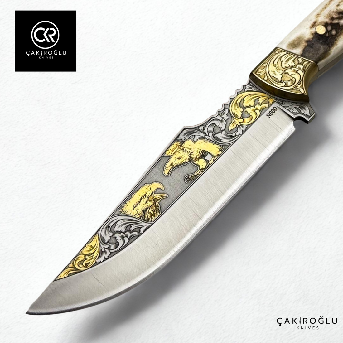 Royal Icons – Eagle | Limited Collector's Edition N690 Knife with 24K Gold Engraving & Deer Antler Handle
