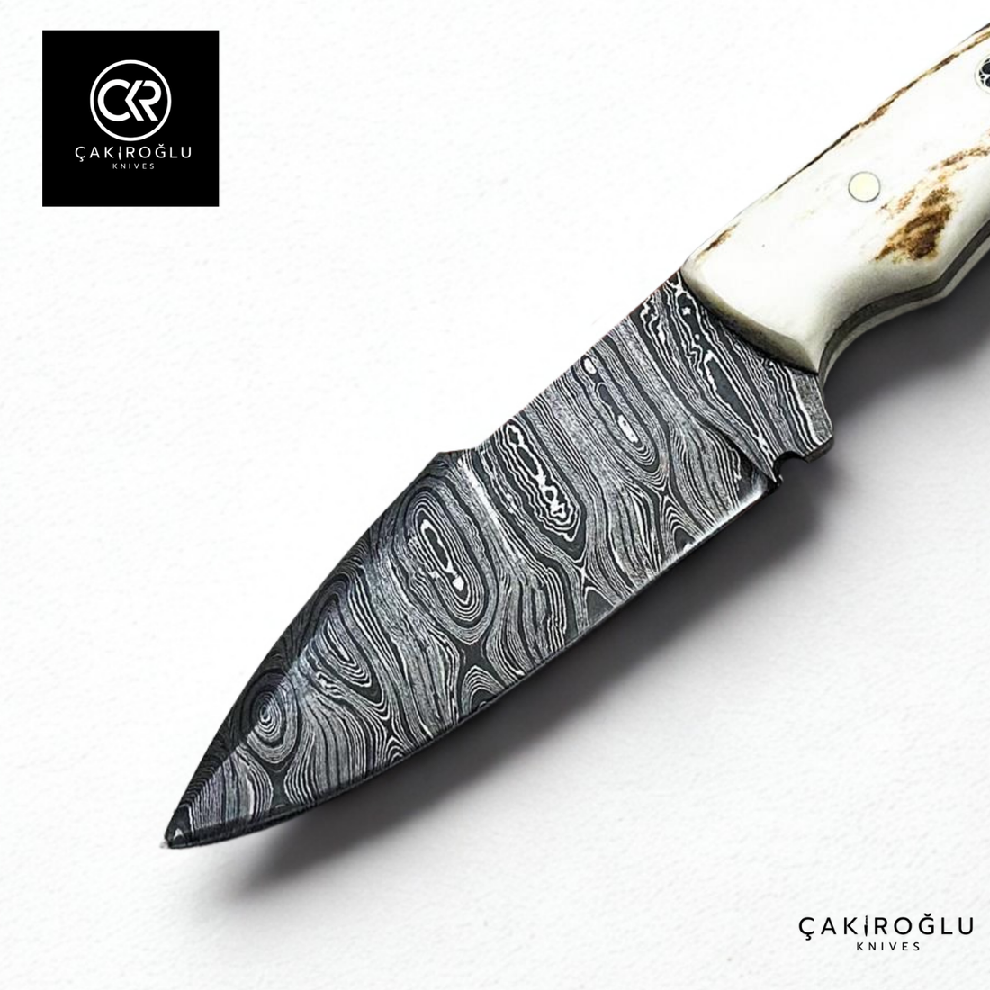 Handcrafted Custom-made Damascus Steel & Deer Antler Handle Hunting Knife