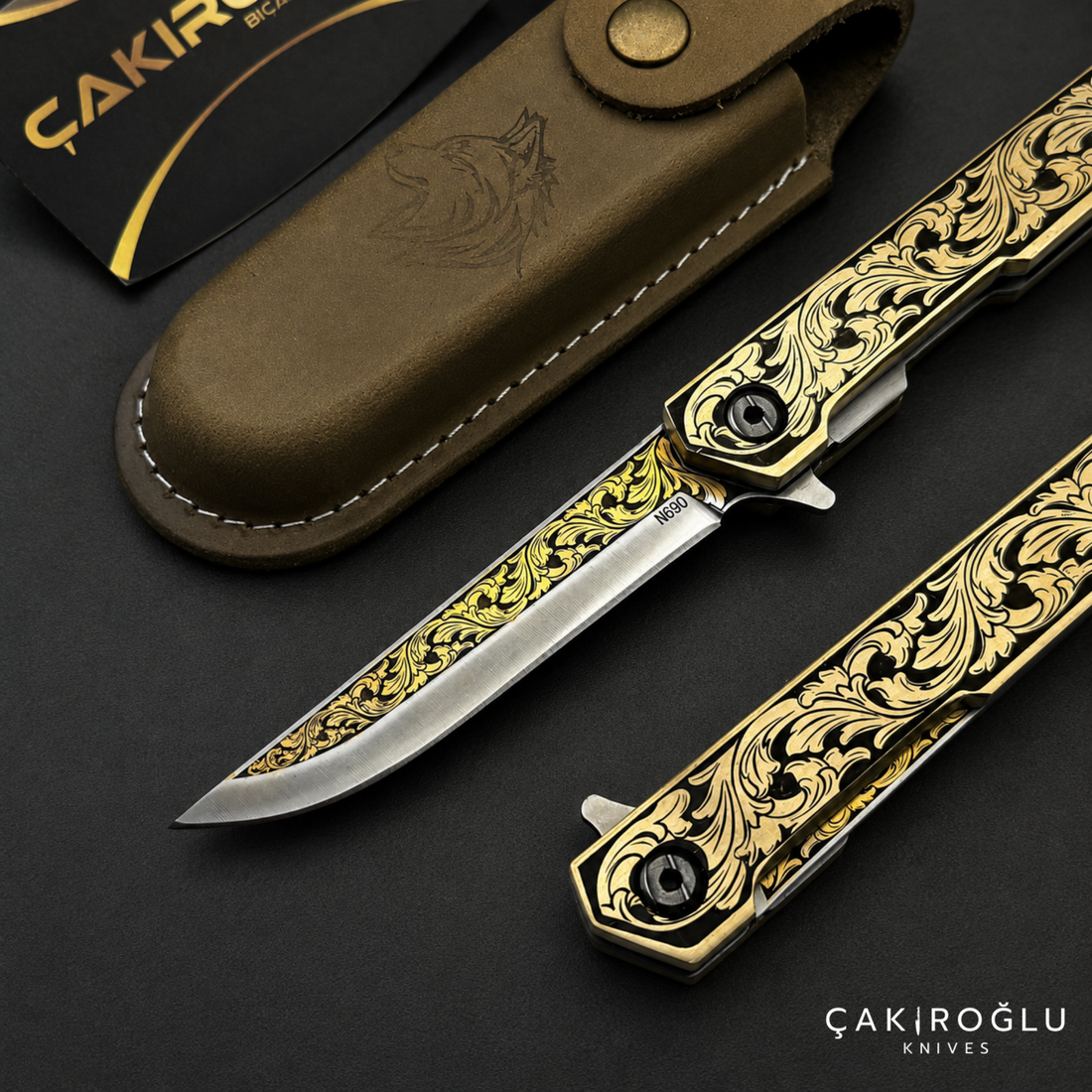 Handmade Folding Pocket Knife, N690 Gold Engraving Steel, Brass Handle
