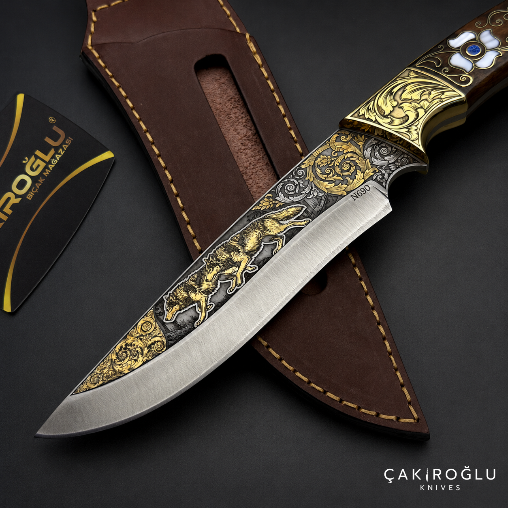 Handmade Gold Engraved N690 Hunting Knife – Walnut Handle with Mother of Pearl & Gold Details