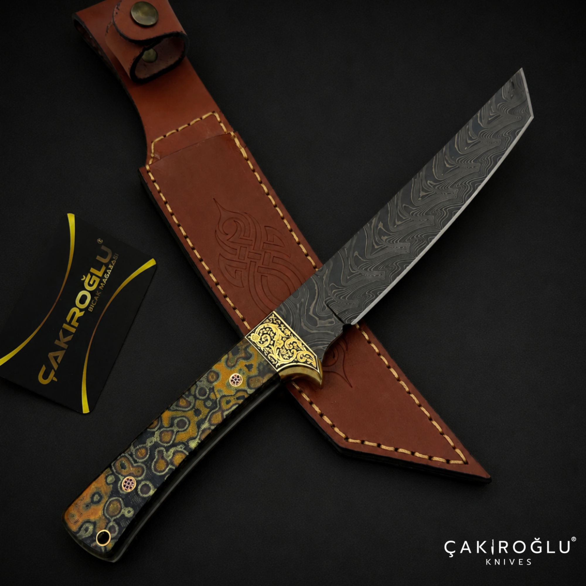 Handmade Custom Damascus Tanto Hunting Knife: Micarta Handle, Leather Sheath