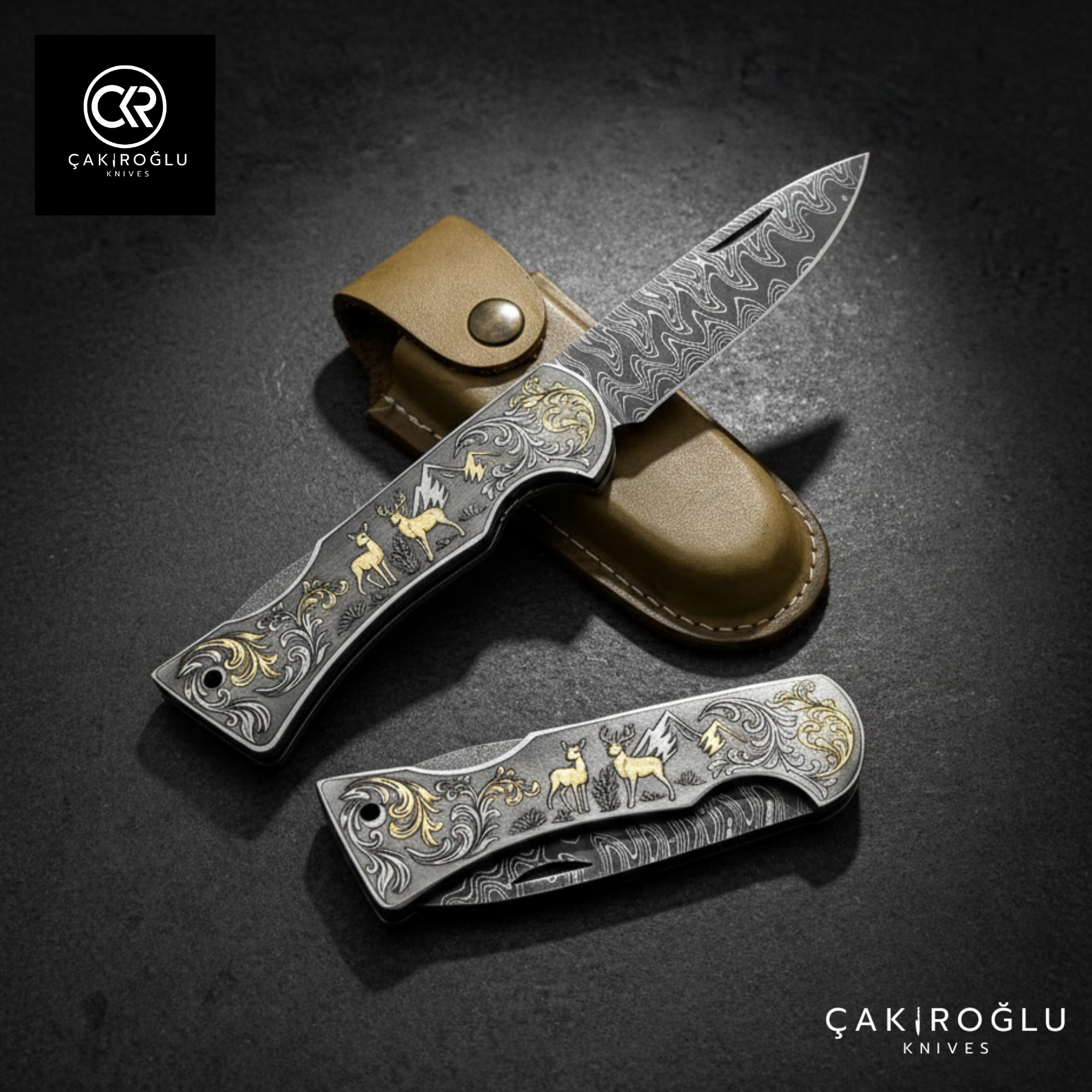 Corvus series Damascus - Limited Edition Collector's Folding Knife with 14K gold engraving details on a stainless steel case
