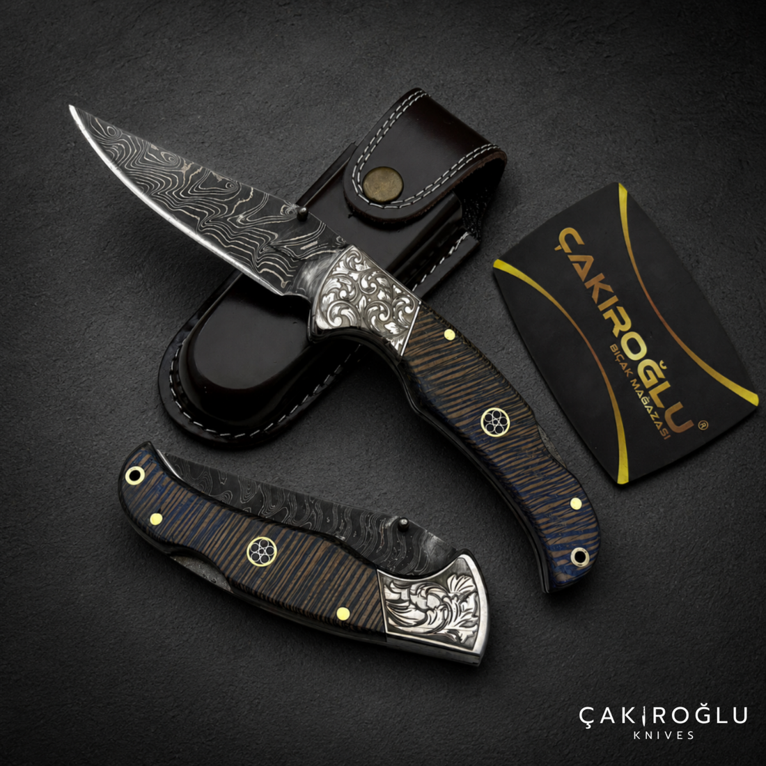 Handmade Damascus Custom Folding Pocket Knife with Sheath