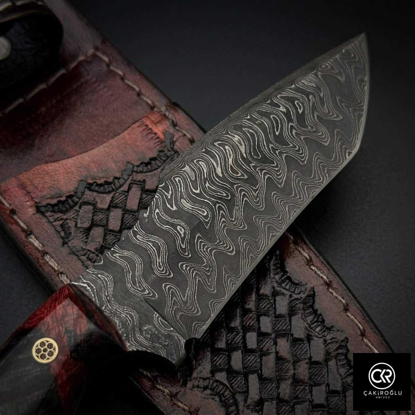 Çakıroğlu Handmade Custom-made Damascus Steel & Stabilized Tulipwood Handle Tanto Model Hunting Knife