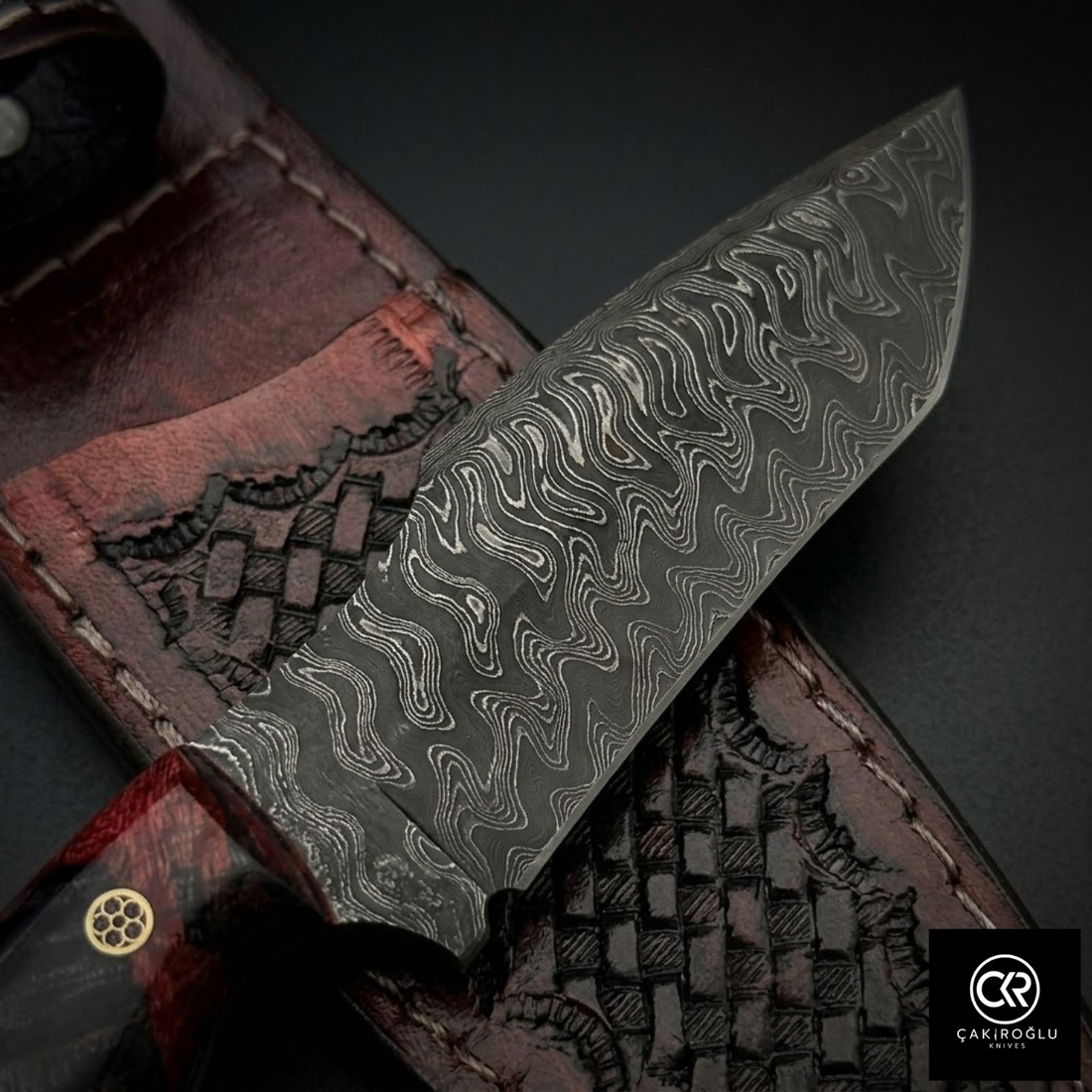 Çakıroğlu Handmade Custom-made Damascus Steel & Stabilized Tulipwood Handle Tanto Model Hunting Knife