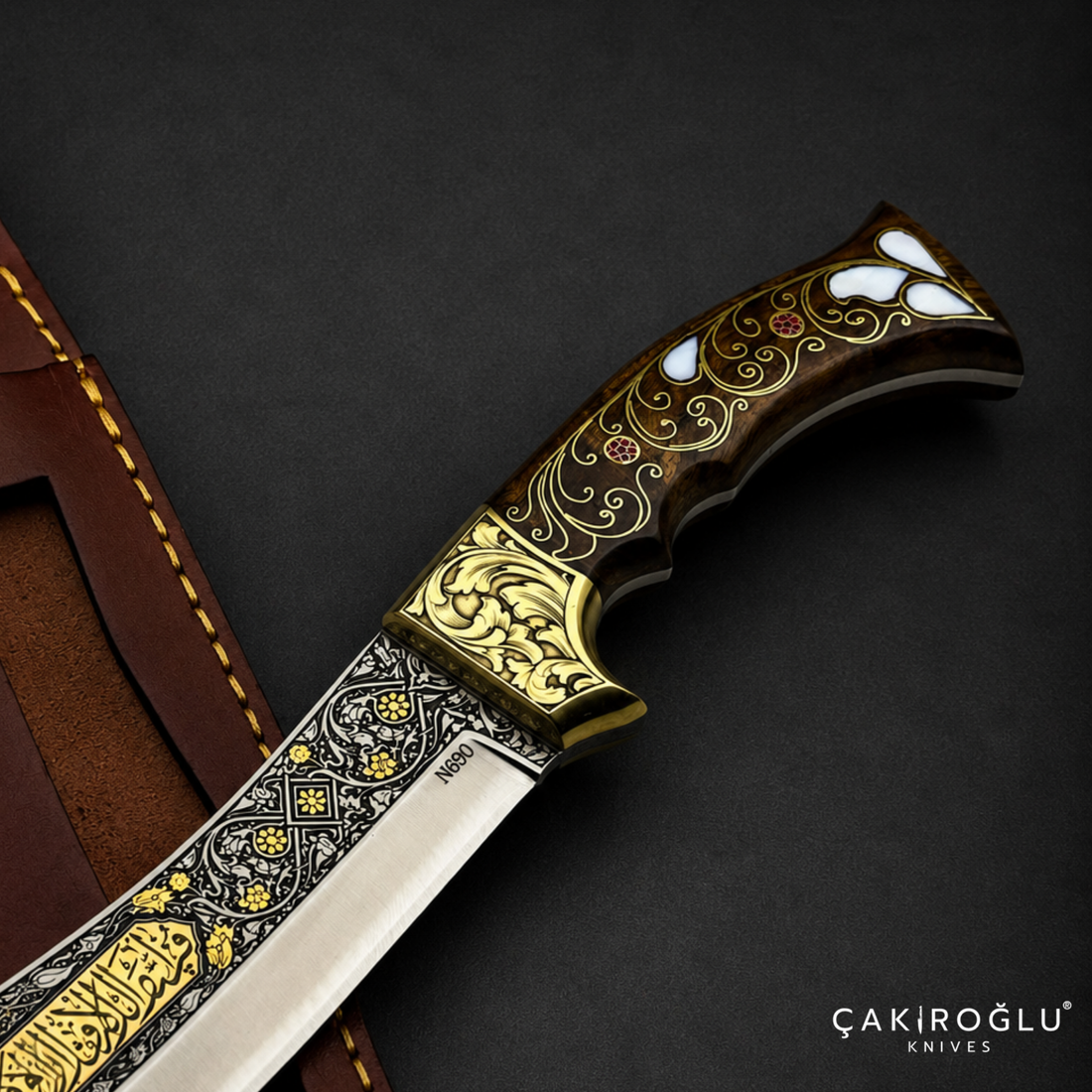Handmade N690 Bowie Knife, 24K Gold Inlay, Walnut Handle, Custom Hunting Knife, Collectible Gift