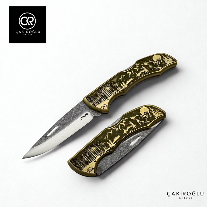 Showy Limited Edition Large Size Handcrafted Custom-made Folding Collectible Knife - N690 Böhler Steel & Engraved Brass Handle