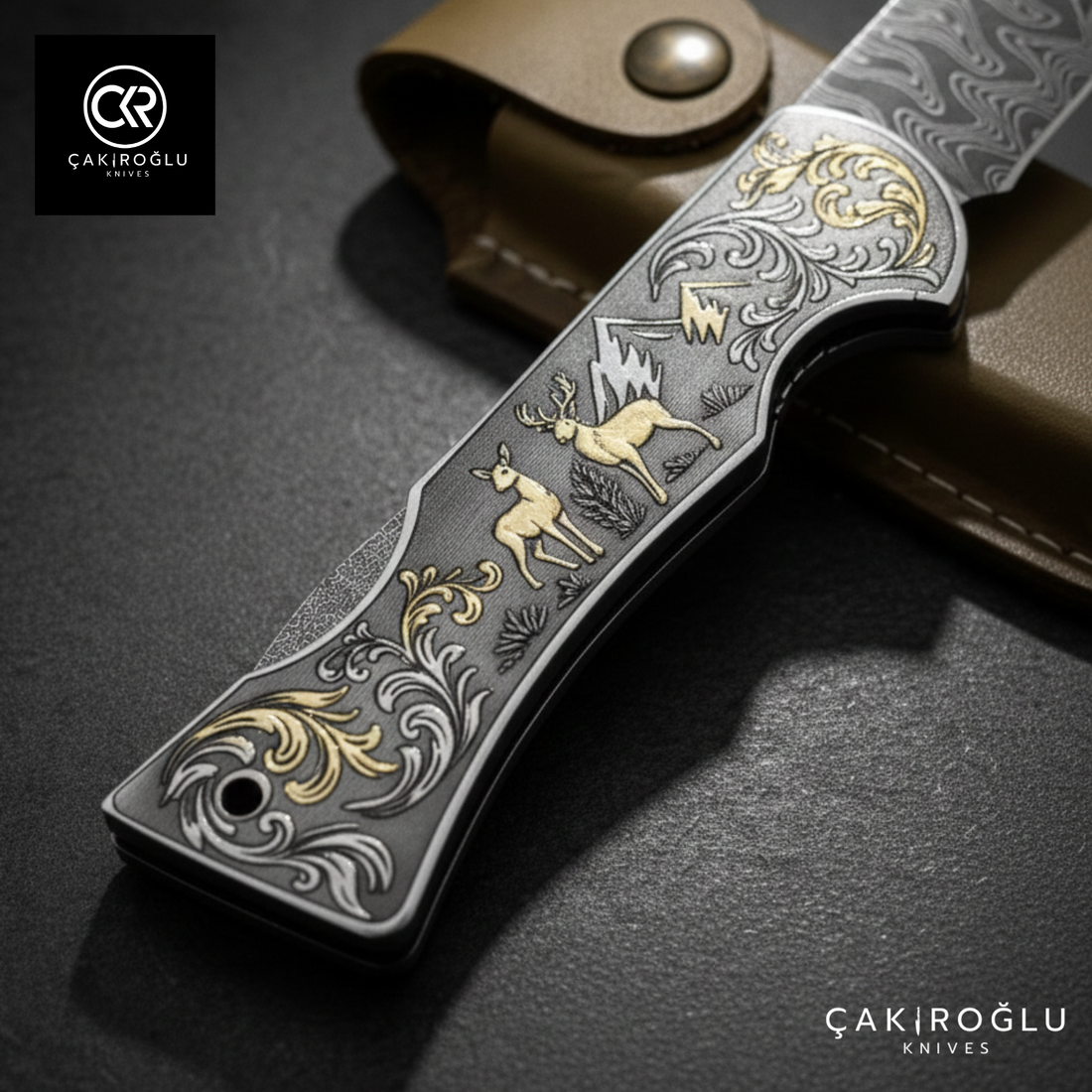 Corvus series Damascus - Limited Edition Collector's Folding Knife with 14K gold engraving details on a stainless steel case