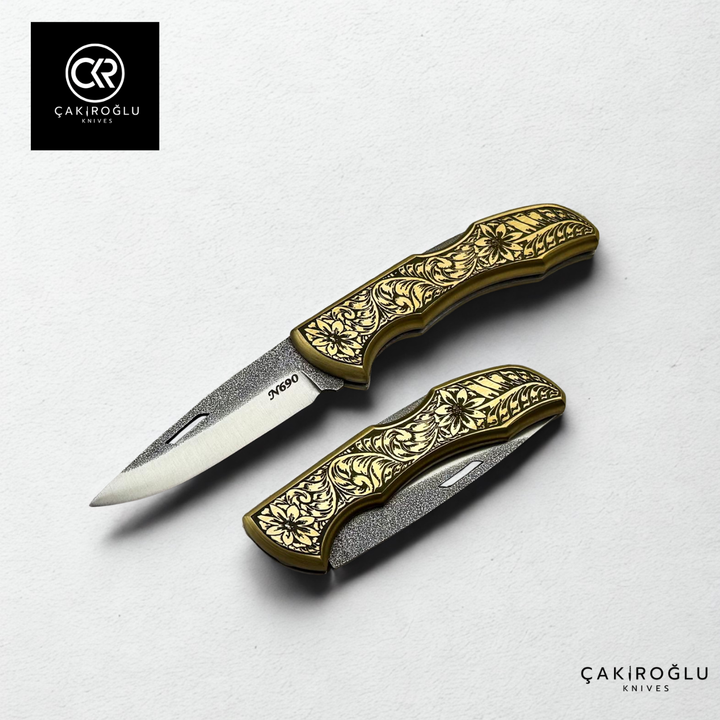 Showy Limited Edition Small Size Handcrafted Custom-made Folding Collectible Knife - N690 Böhler Steel &amp; Engraved Brass Handle