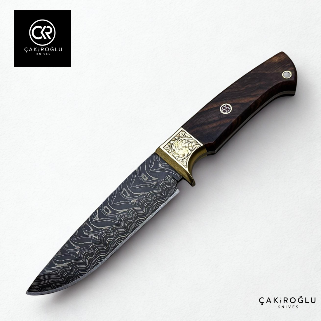 Handcrafted Custom-made Damascus Steel Hunting Knife with Engraved Brass Apron