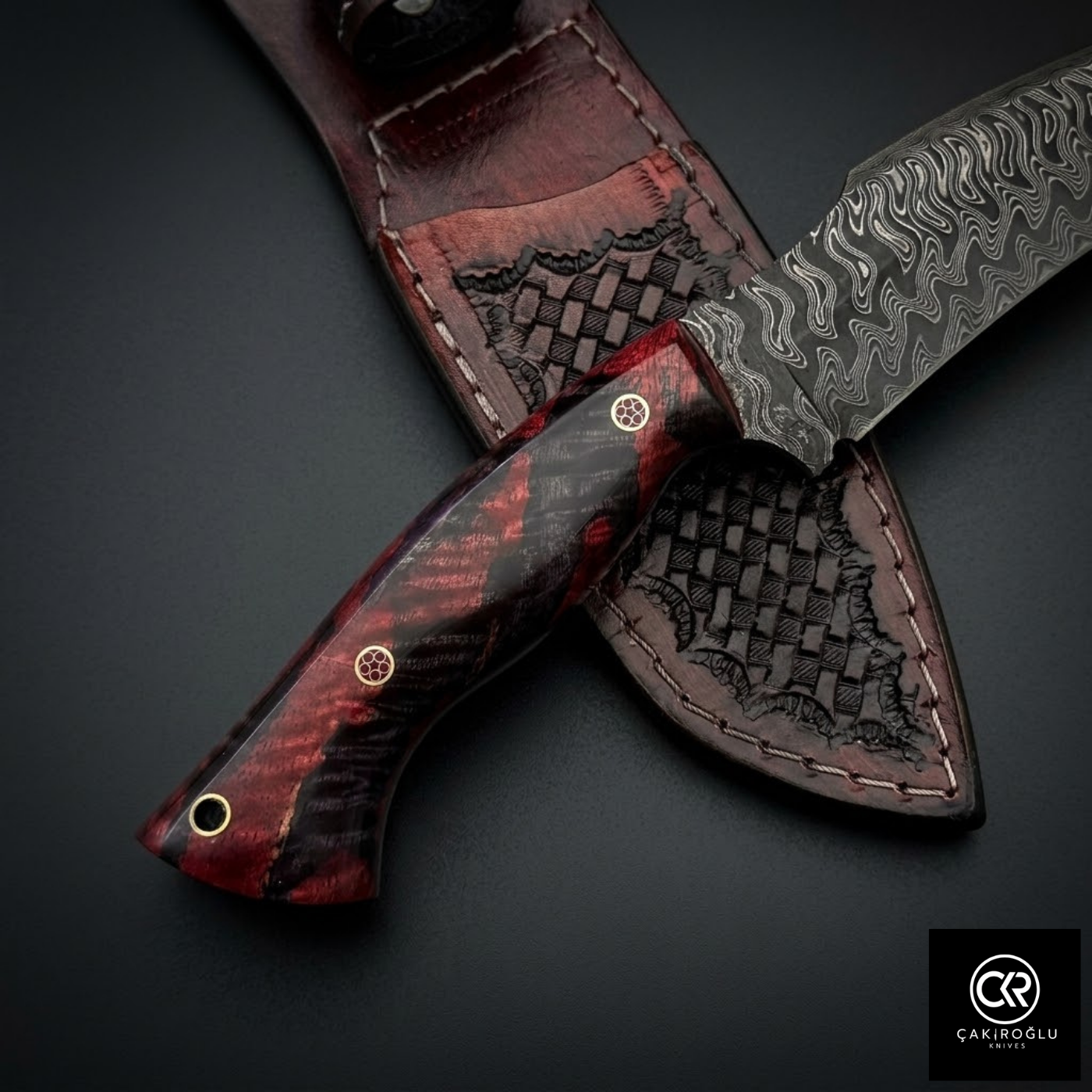 Çakıroğlu Handmade Custom-made Damascus Steel & Stabilized Tulipwood Handle Tanto Model Hunting Knife