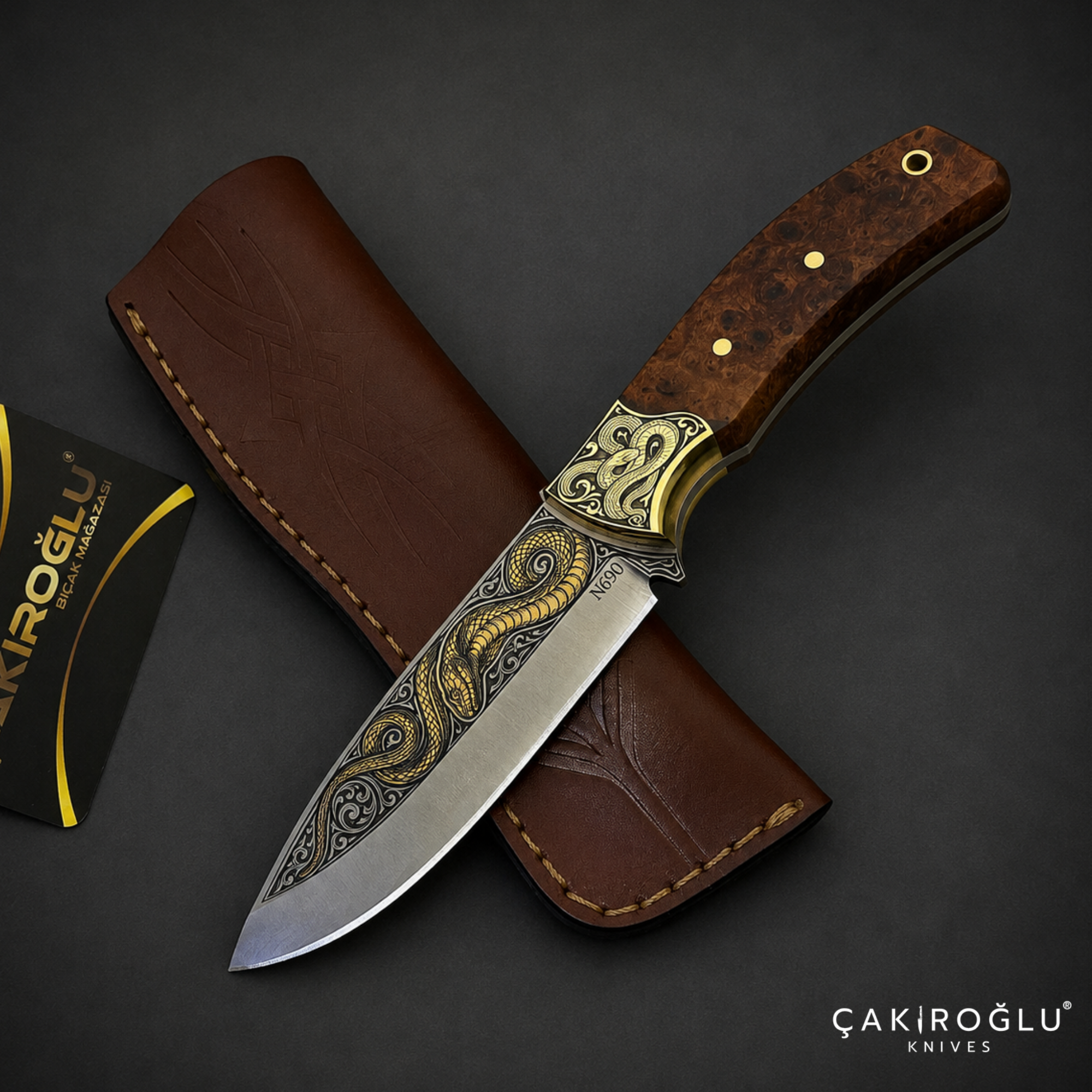 Handmade N690 Bushcraft Knife, 24K Gold Snake Engraving, Stabilized Handle (Collectible Gift)
