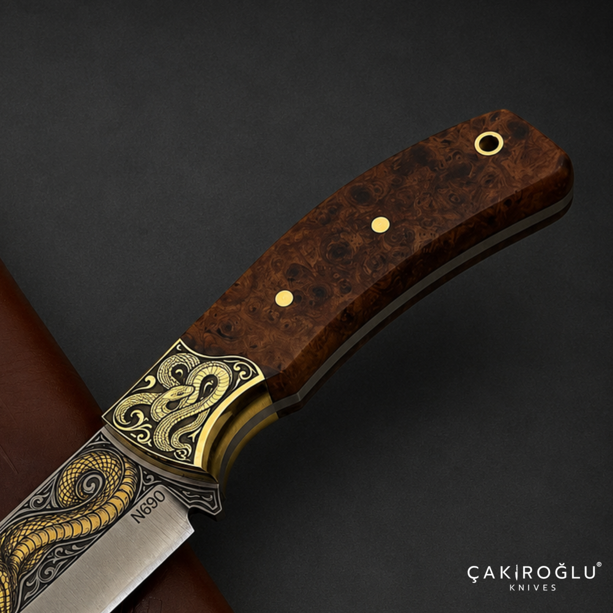 Handmade N690 Bushcraft Knife, 24K Gold Snake Engraving, Stabilized Handle (Collectible Gift)
