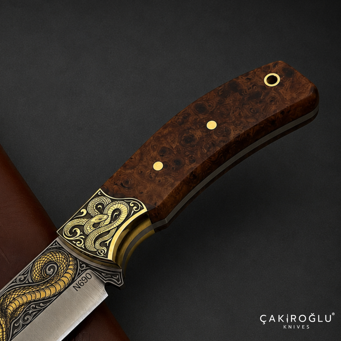 Handmade N690 Bushcraft Knife, 24K Gold Snake Engraving, Stabilized Handle (Collectible Gift)