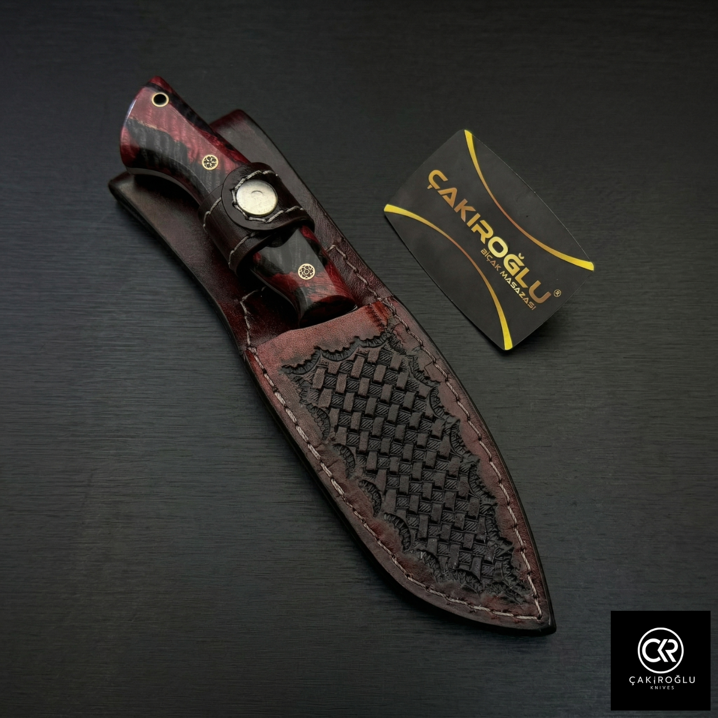 Çakıroğlu Handmade Custom-made Damascus Steel & Stabilized Tulipwood Handle Tanto Model Hunting Knife