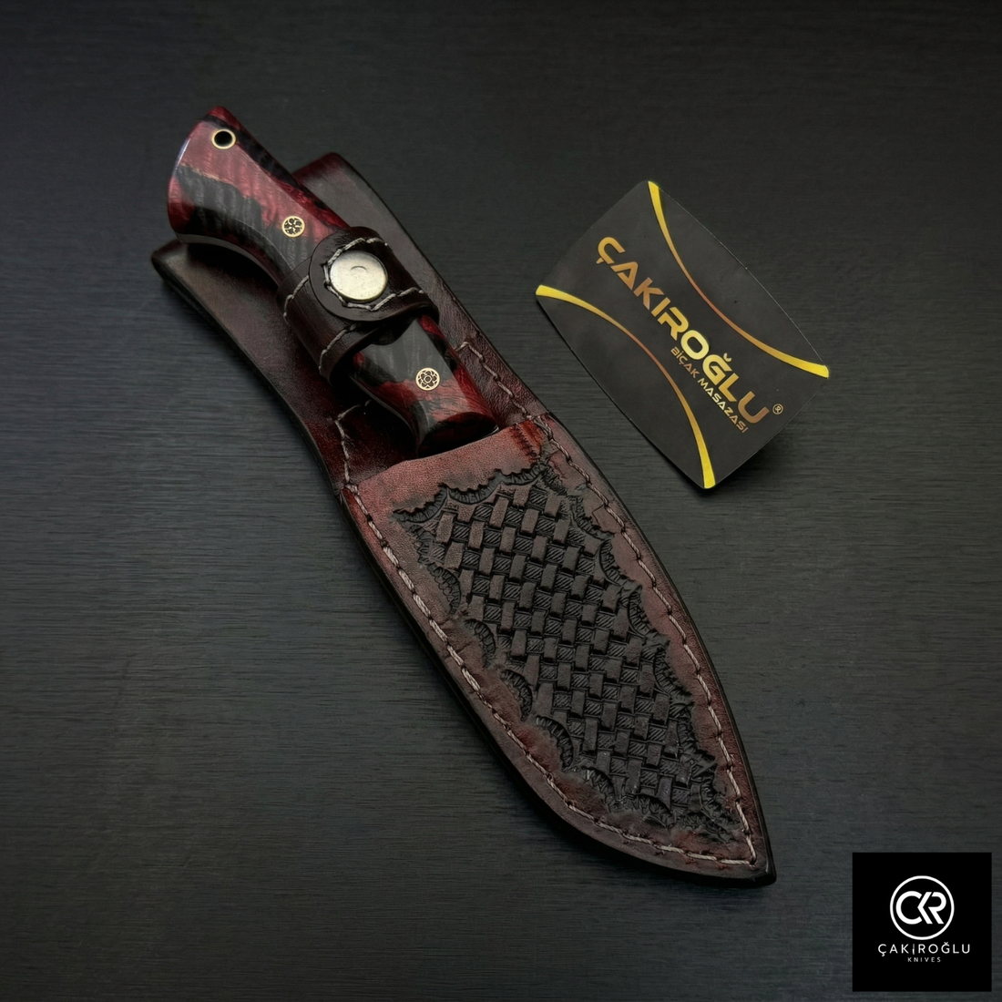 Çakıroğlu Handmade Custom-made Damascus Steel & Stabilized Tulipwood Handle Tanto Model Hunting Knife