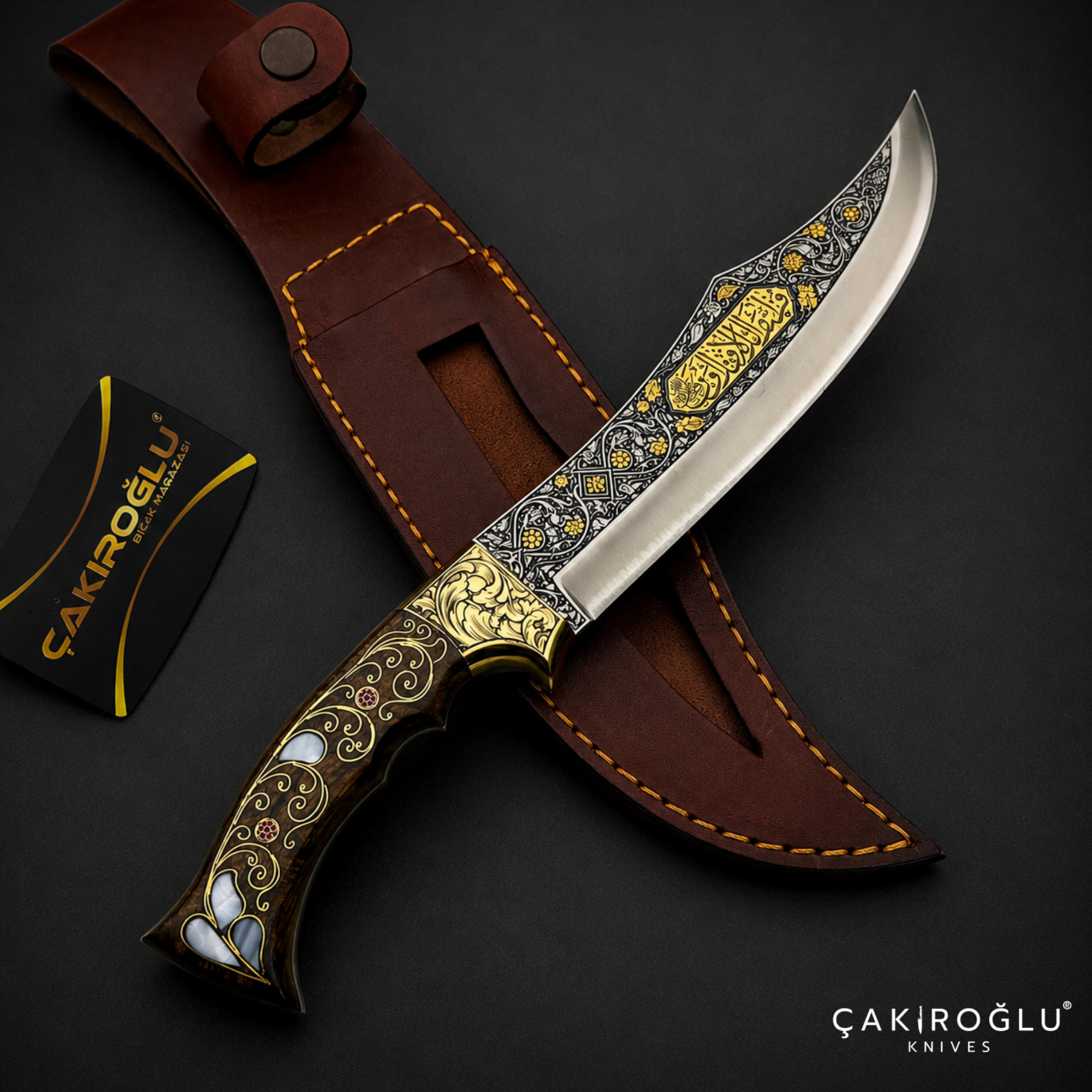 Handmade N690 Bowie Knife, 24K Gold Inlay, Walnut Handle, Custom Hunting Knife, Collectible Gift
